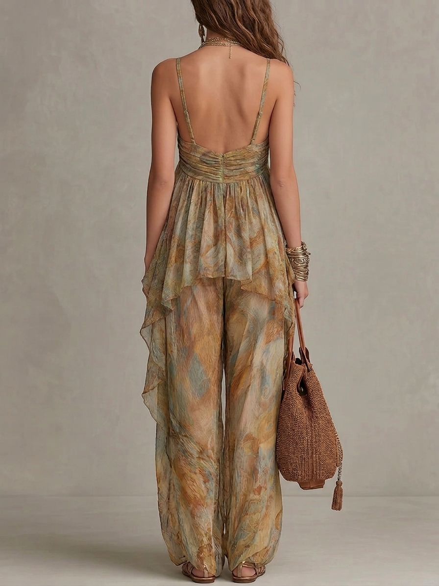 Sienna Chiffon Ruffled Camisole and Wide-leg Pants Set