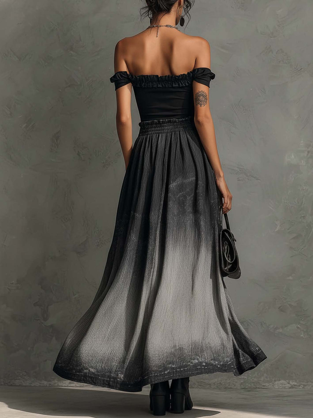 Serena Off Shoulder Ruffle Top & Gradient Pleated Maxi Skirt Set