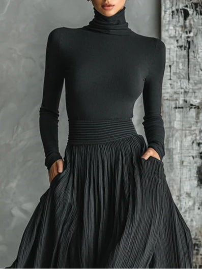 Samantha All Black Turtleneck and Pleated Skirt Set