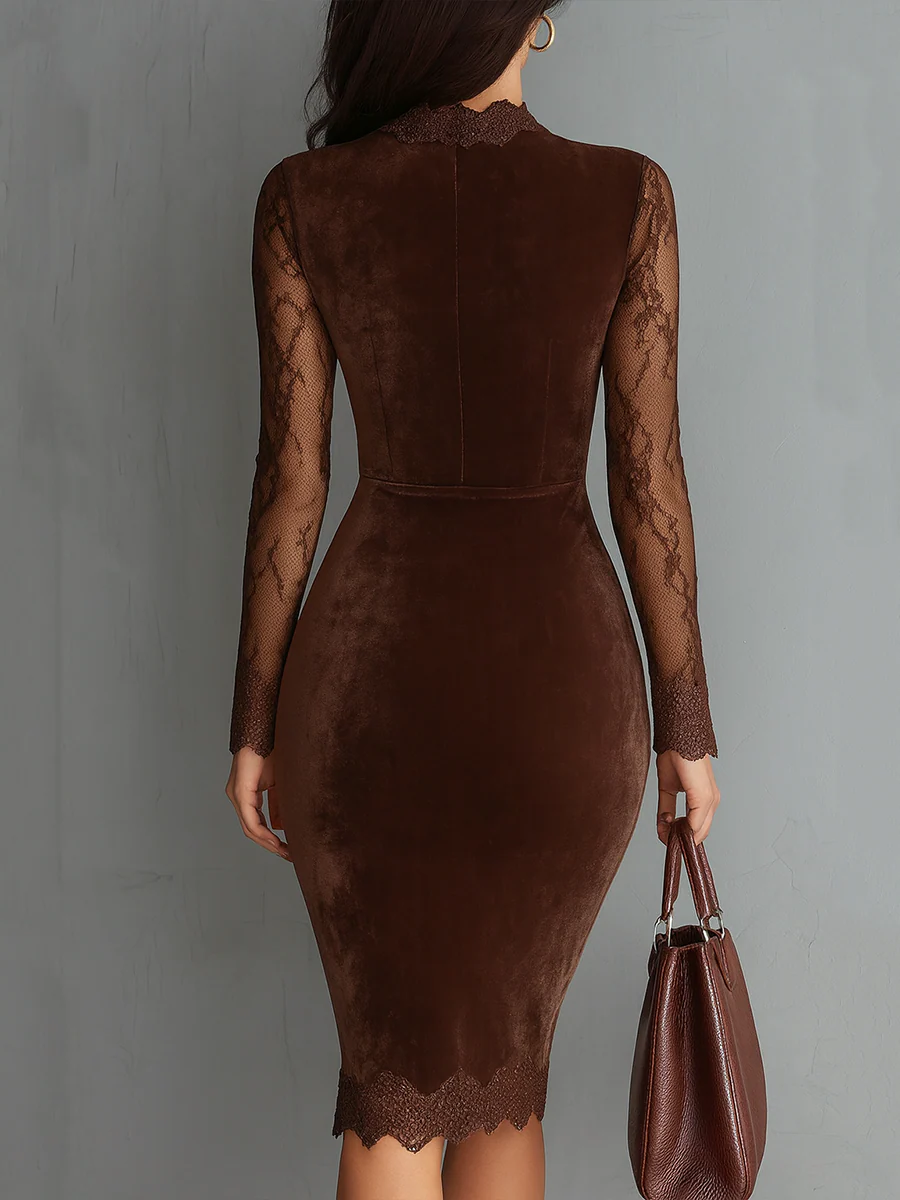 Brown Vintage Keyhole Neckline Lace Sleeve Velour Mini Dress