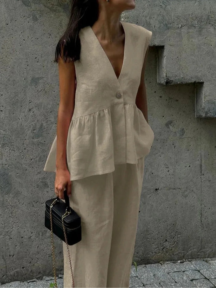 Lila V-Neck Ruffled Two-Piece Suit