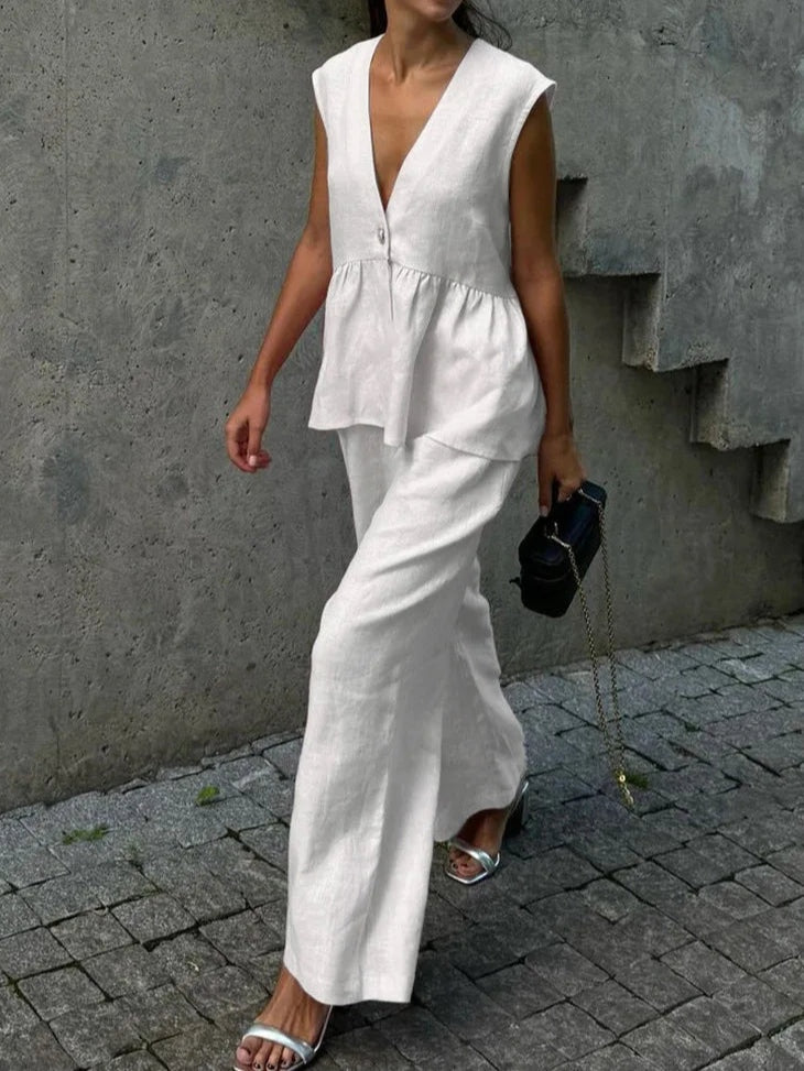 Lila V-Neck Ruffled Two-Piece Suit