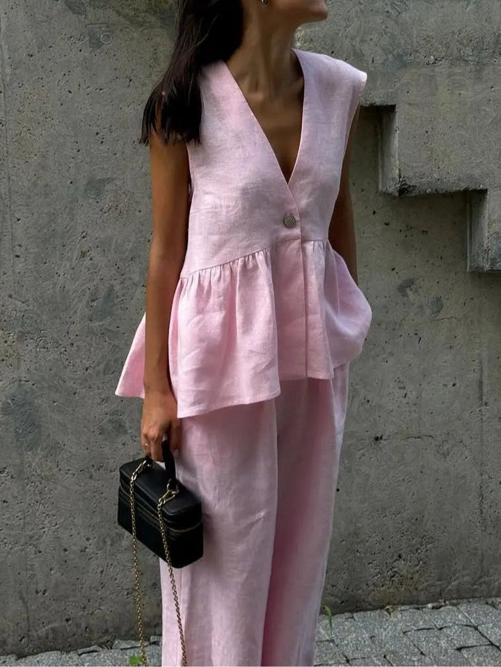 Lila V-Neck Ruffled Two-Piece Suit