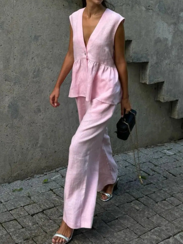 Lila V-Neck Ruffled Two-Piece Suit