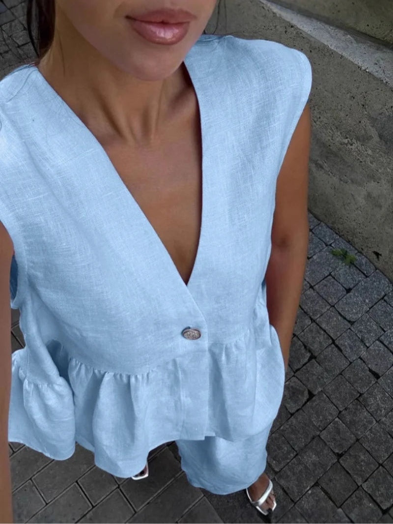 Lila V-Neck Ruffled Two-Piece Suit