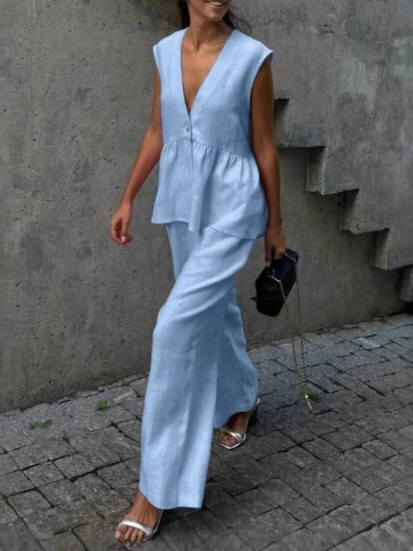 Lila V-Neck Ruffled Two-Piece Suit