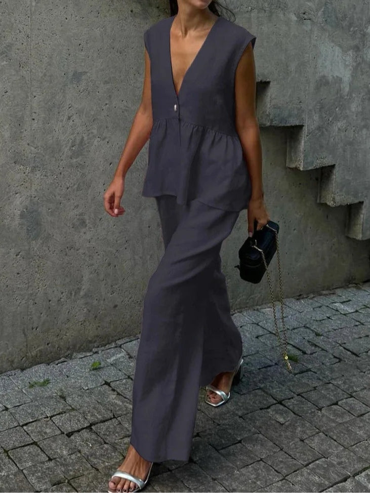 Lila V-Neck Ruffled Two-Piece Suit