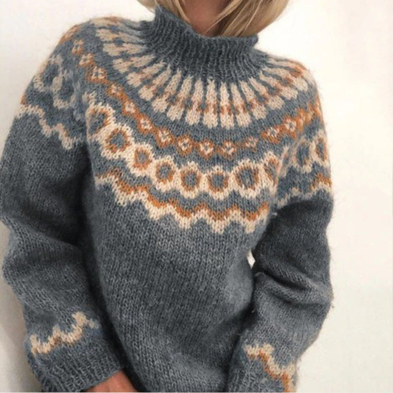 Women's Icelandic Pattern Sweater – Nordic High Neck Winter Pullover