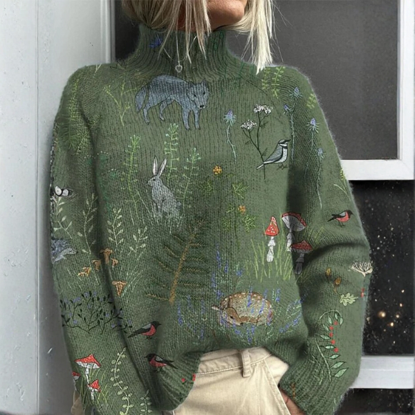 Women's Turtleneck Sweater Forest Animal Floral Embroidered Knit Winter