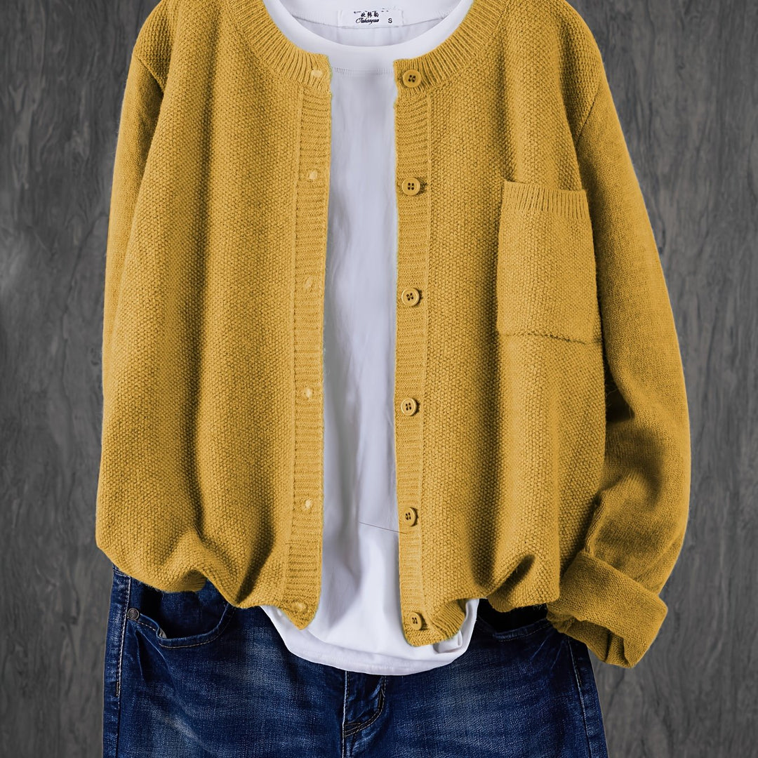 Women's Open Front Cardigan Button-Up Round Neck Long Sleeve Chest Pocket Knit