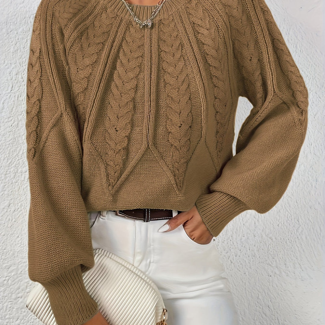 Women's Cable-Knit Sweater Round Neck Long Sleeve Ribbed Cuff Casual Pullover