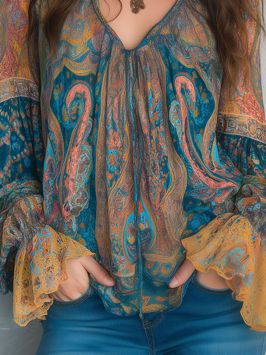 Sara™ | Bohemian Teal & Amber Paisley Chiffon Blouse With Ruffled Cuffs