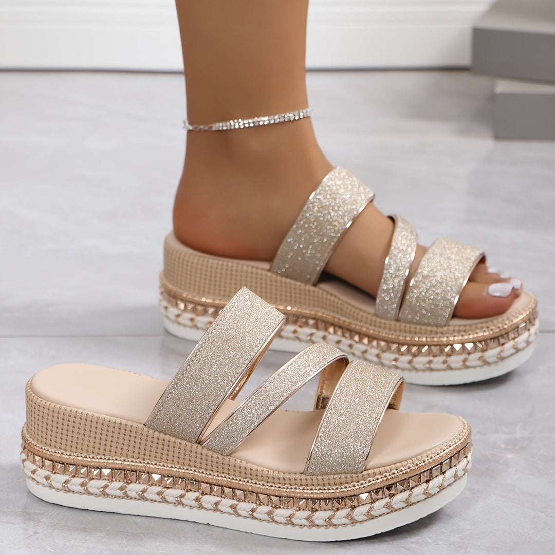Glitter Multi Strap Velcro Studded Platform Wedge Sandal