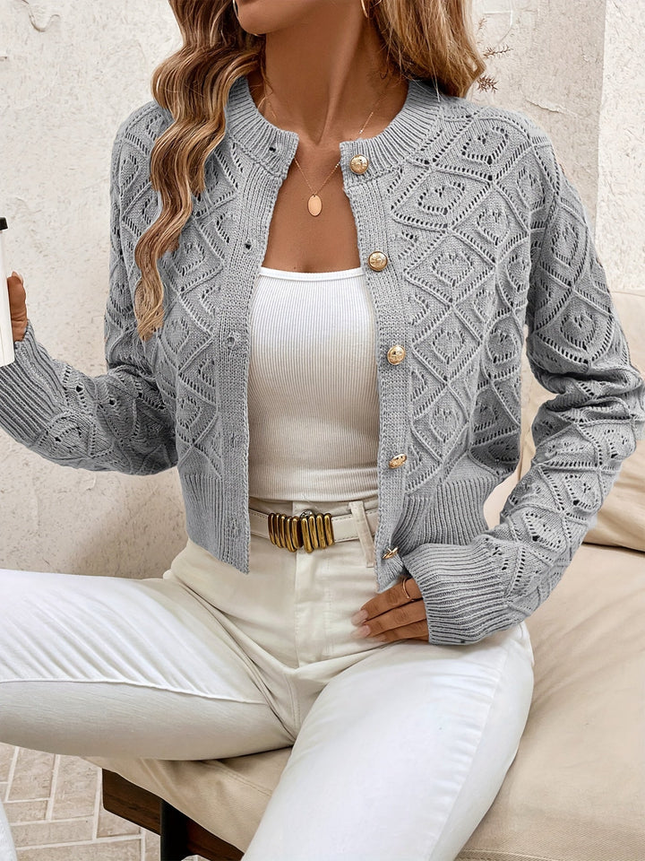 Women's Cropped Cardigan Long Sleeve Button-Front Textured Pointelle Knit Casual
