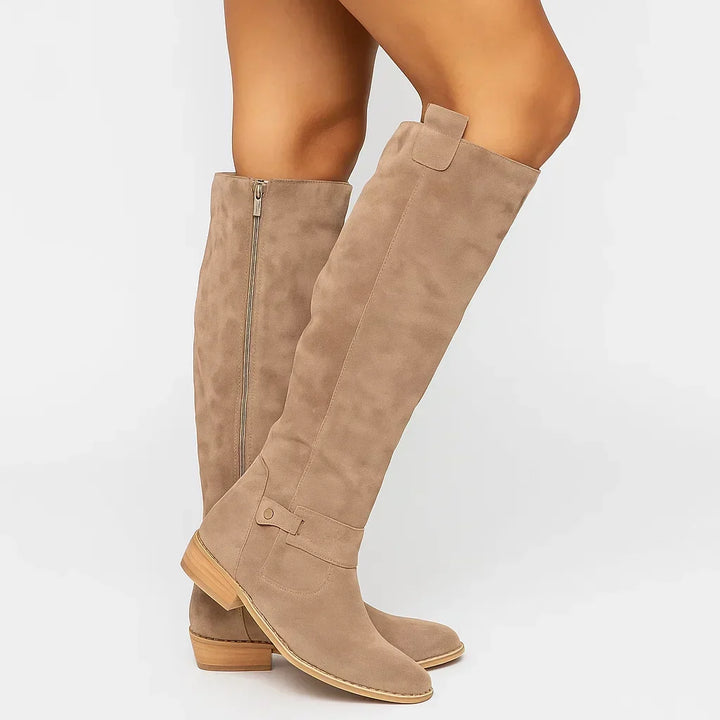 Women's Knee-High Suede Boots Block Heel Casual Footwear