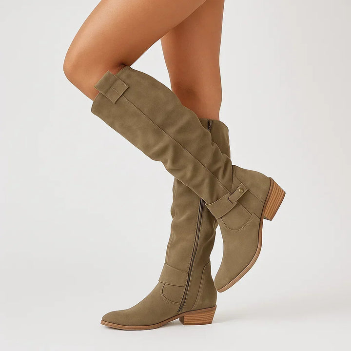 Women's Knee-High Suede Boots Block Heel Casual Footwear