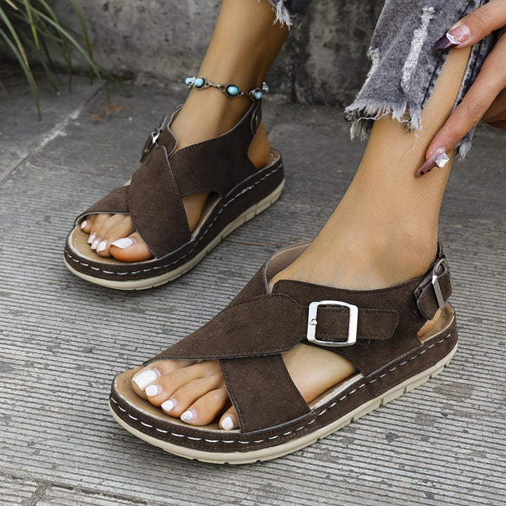 Crossover Strap Double Buckle Open Toe Flat Sandal