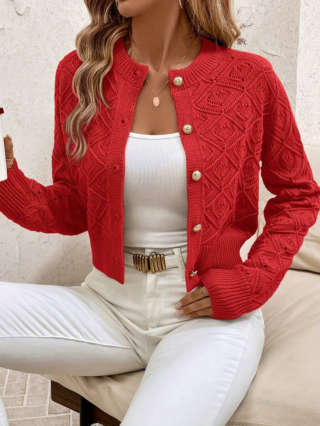 Women's Cropped Cardigan Long Sleeve Button-Front Textured Pointelle Knit Casual