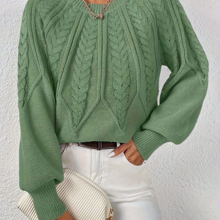 Women's Cable-Knit Sweater Round Neck Long Sleeve Ribbed Cuff Casual Pullover