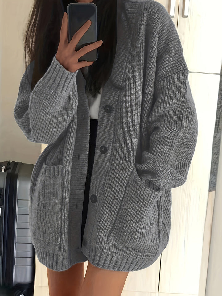 Women's Oversized Button-Front Cardigan V-Neck Long Sleeve Knit Pocket Sweater