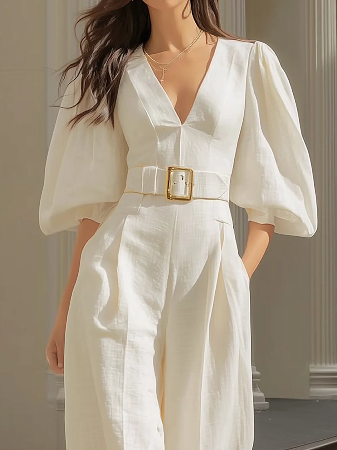Isabella V-neck Lantern Sleeve Jumpsuit
