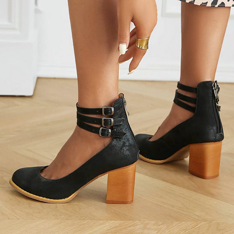 Women's Triple Buckle Block Heel Ankle Boots - Casual Footwear