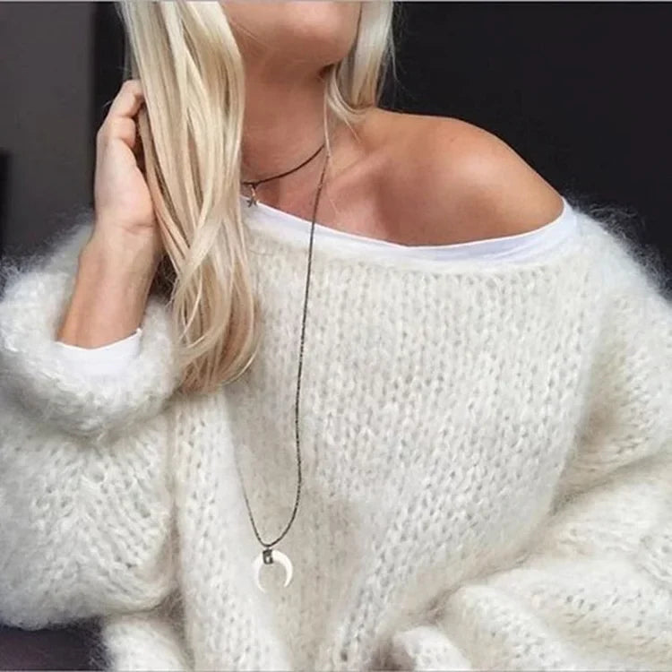 Women's Fluffy Oversized Knit Sweater – Relaxed Crew Neck Pullover