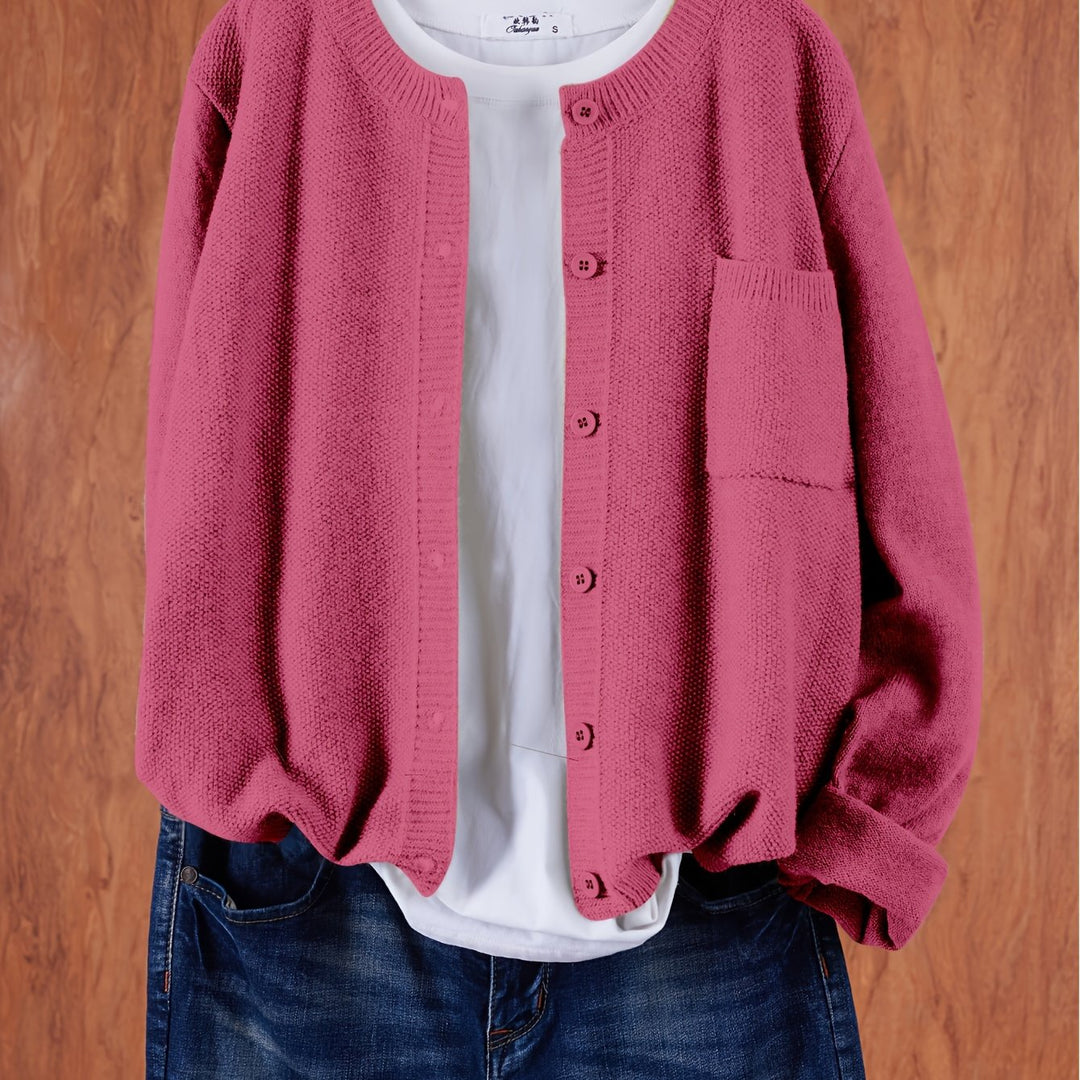 Women's Open Front Cardigan Button-Up Round Neck Long Sleeve Chest Pocket Knit