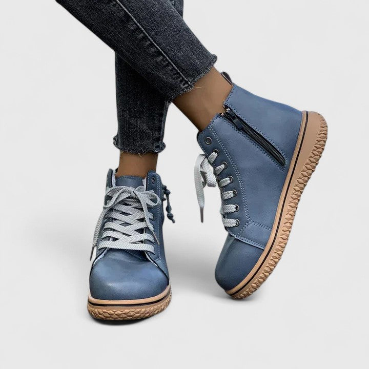 Lace Up Leather Round Toe Flatform Ankle Boot