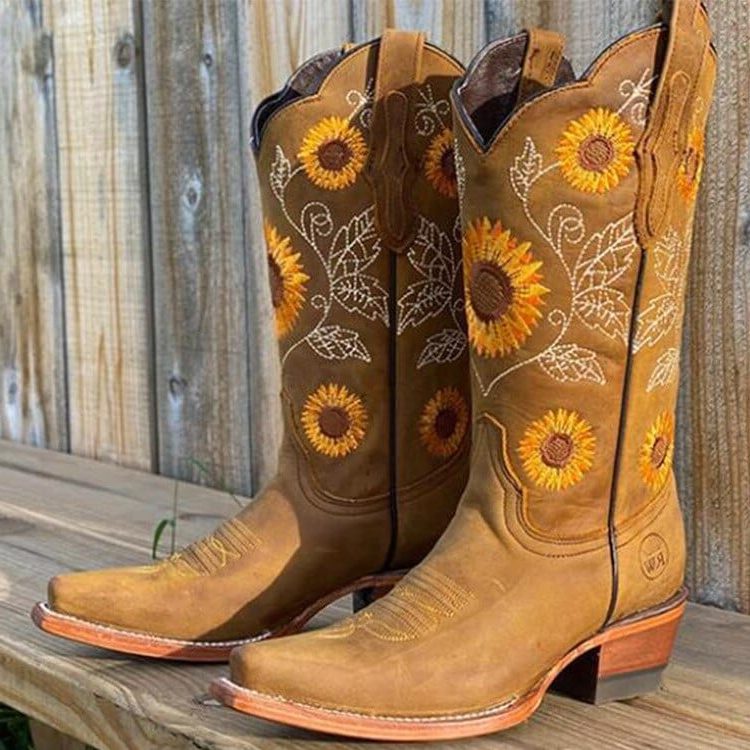 Bellatrix | Western Cowboy Boots with Square Toe and Sunflower Embroidery for Women
