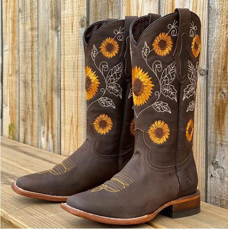 Bellatrix | Western Cowboy Boots with Square Toe and Sunflower Embroidery for Women