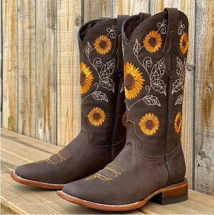 Bellatrix | Western Cowboy Boots with Square Toe and Sunflower Embroidery for Women