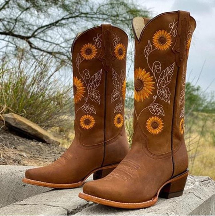 Bellatrix | Western Cowboy Boots with Square Toe and Sunflower Embroidery for Women