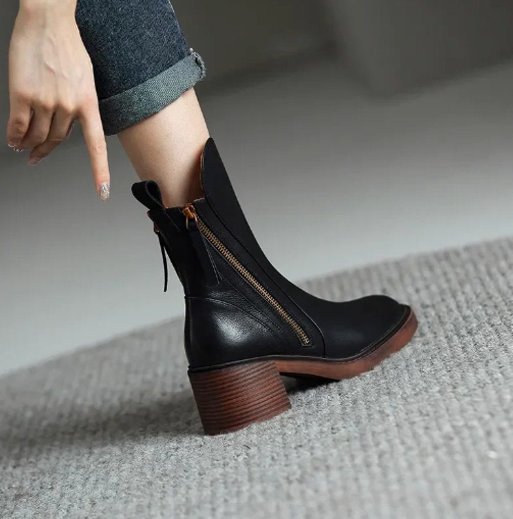 Bibi | Block Heel Ankle Boots with Side Zip for Women