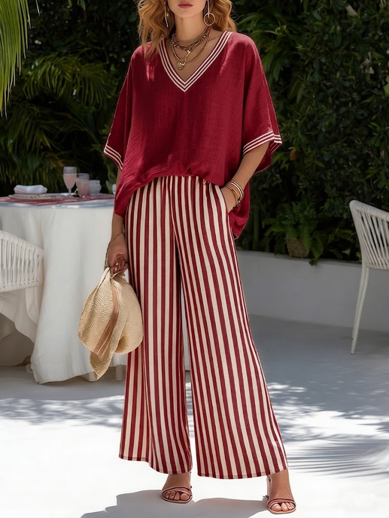 Jovita | Striped Wide Leg Pant Set with V-Neck for Women