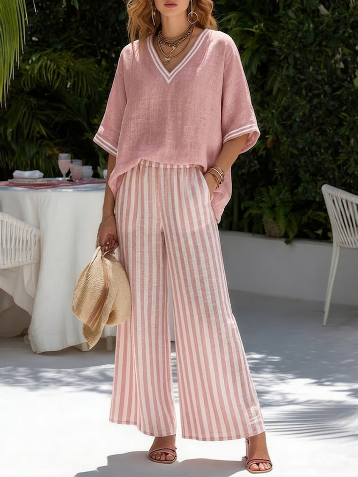 Jovita | Striped Wide Leg Pant Set with V-Neck for Women