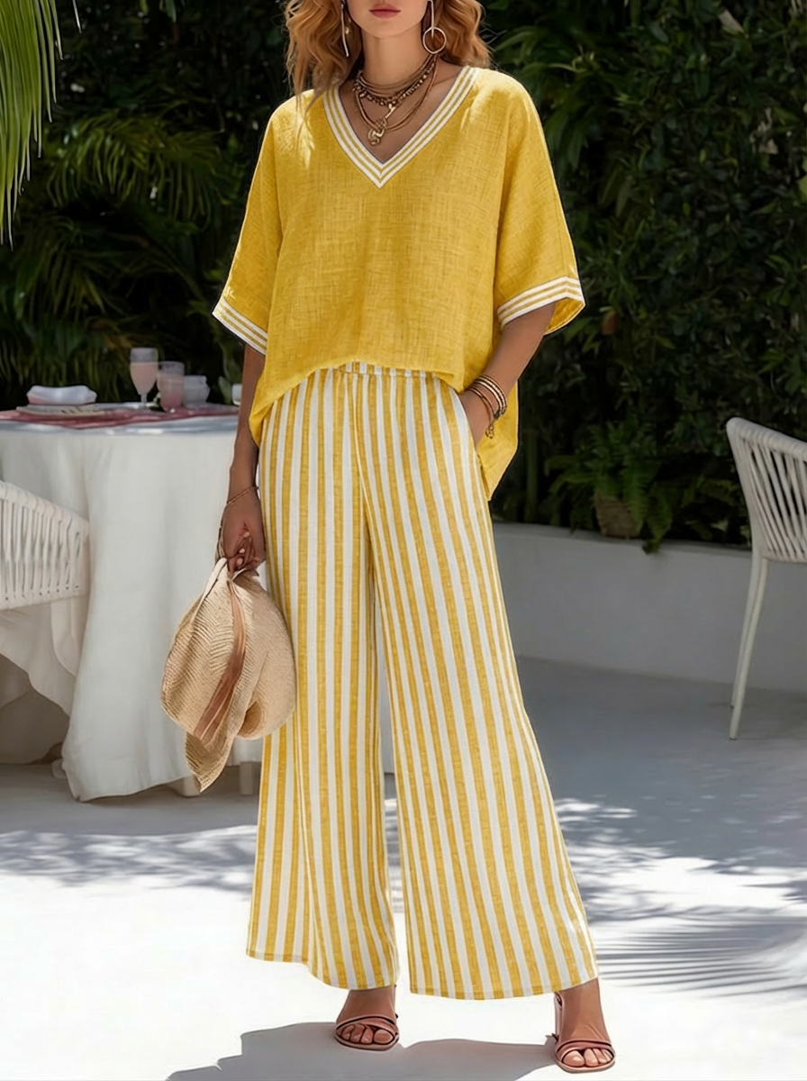 Jovita | Striped Wide Leg Pant Set with V-Neck for Women