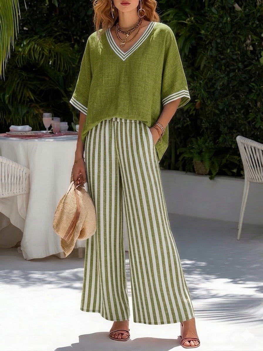 Jovita | Striped Wide Leg Pant Set with V-Neck for Women