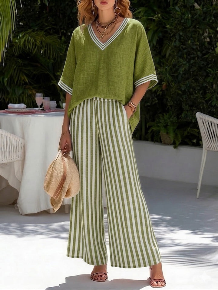 Jovita | Striped Wide Leg Pant Set with V-Neck for Women