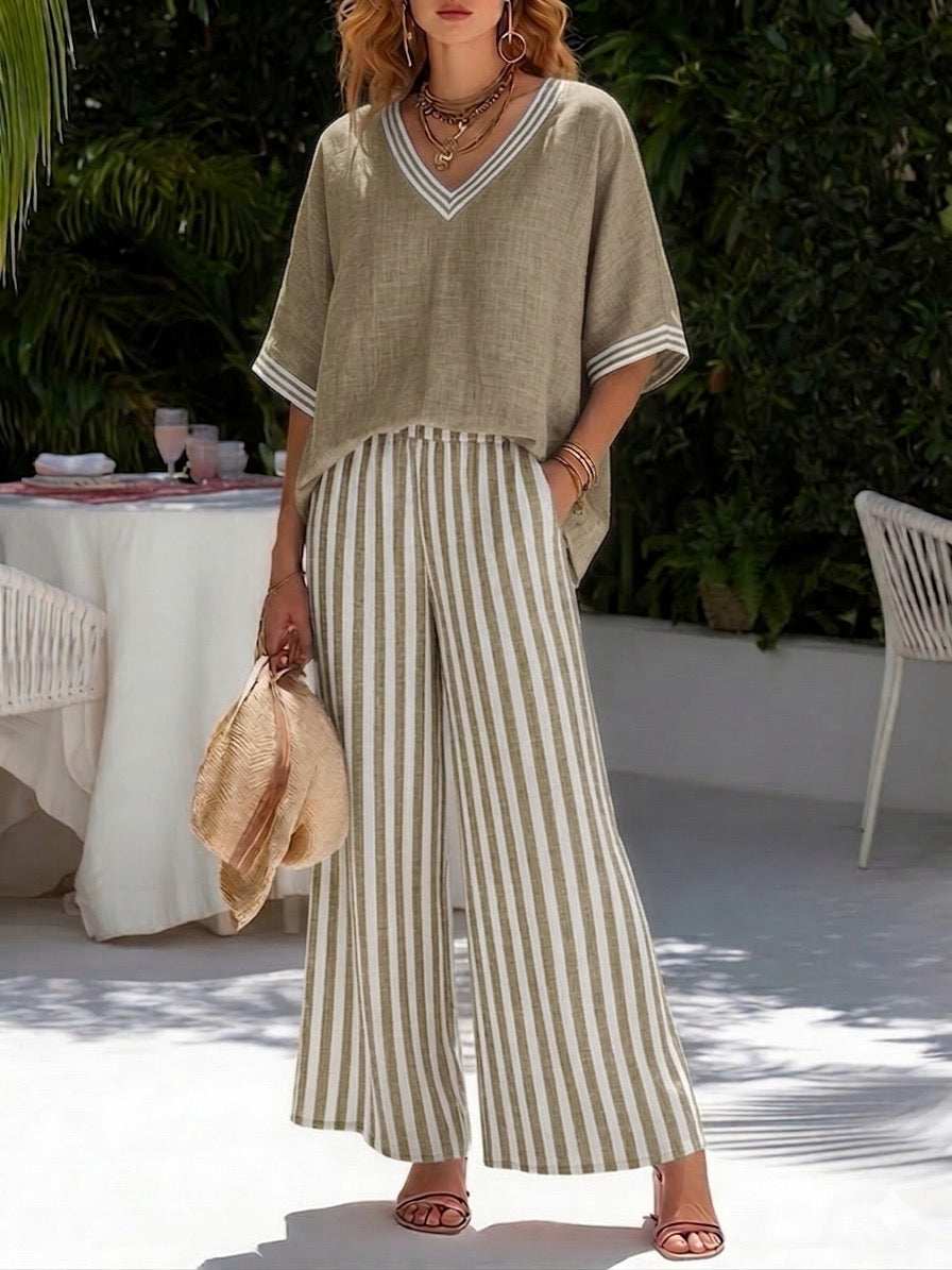 Jovita | Striped Wide Leg Pant Set with V-Neck for Women
