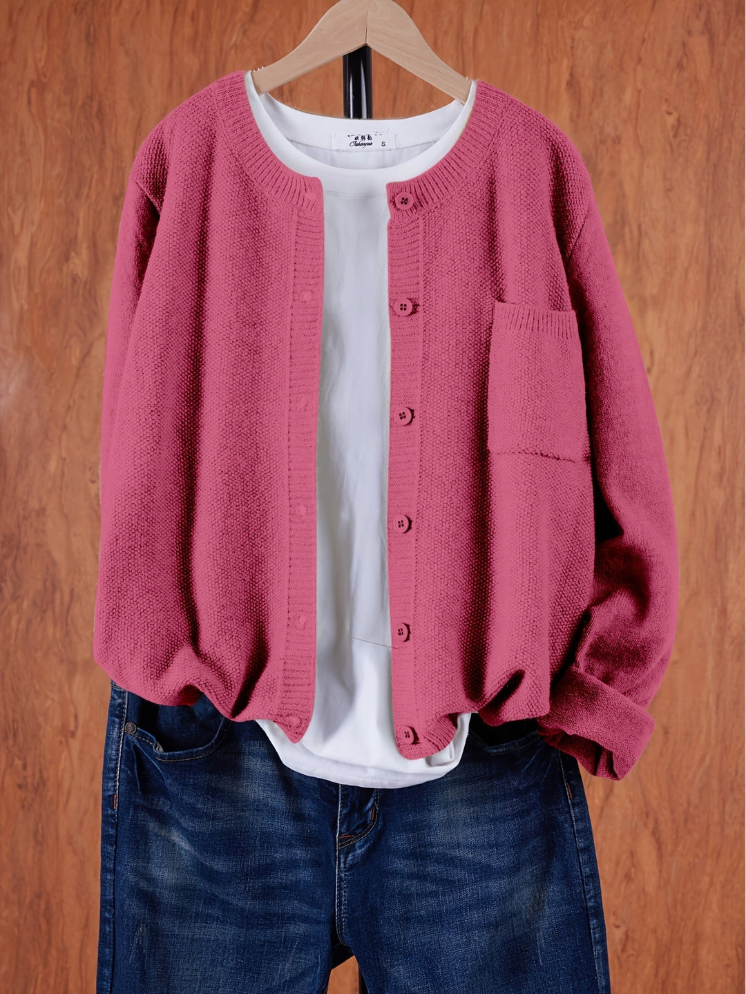 Women's Open Front Cardigan Button-Up Round Neck Long Sleeve Chest Pocket Knit