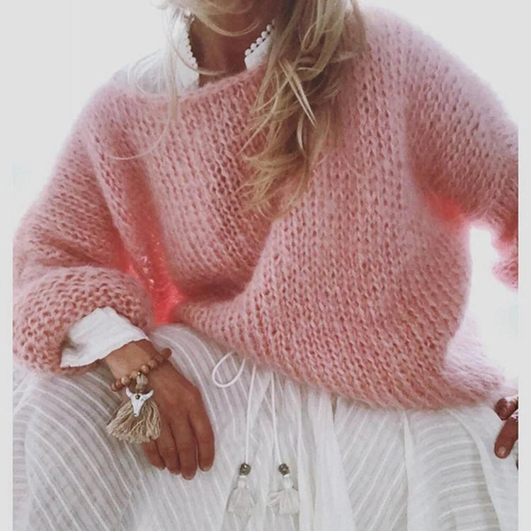 Women's Fluffy Oversized Knit Sweater – Relaxed Crew Neck Pullover