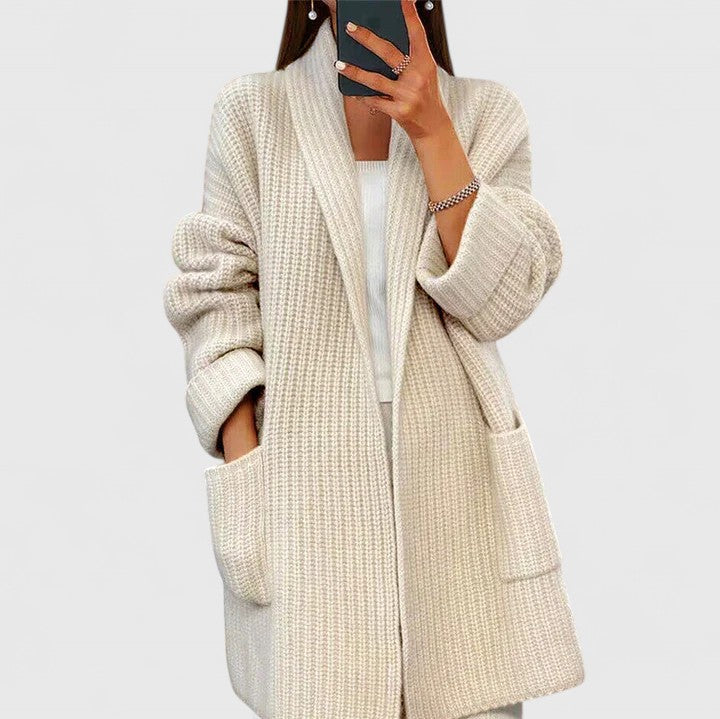 Women's Chunky Knit Cardigan Open Front Shawl Collar Pockets Long Sleeve