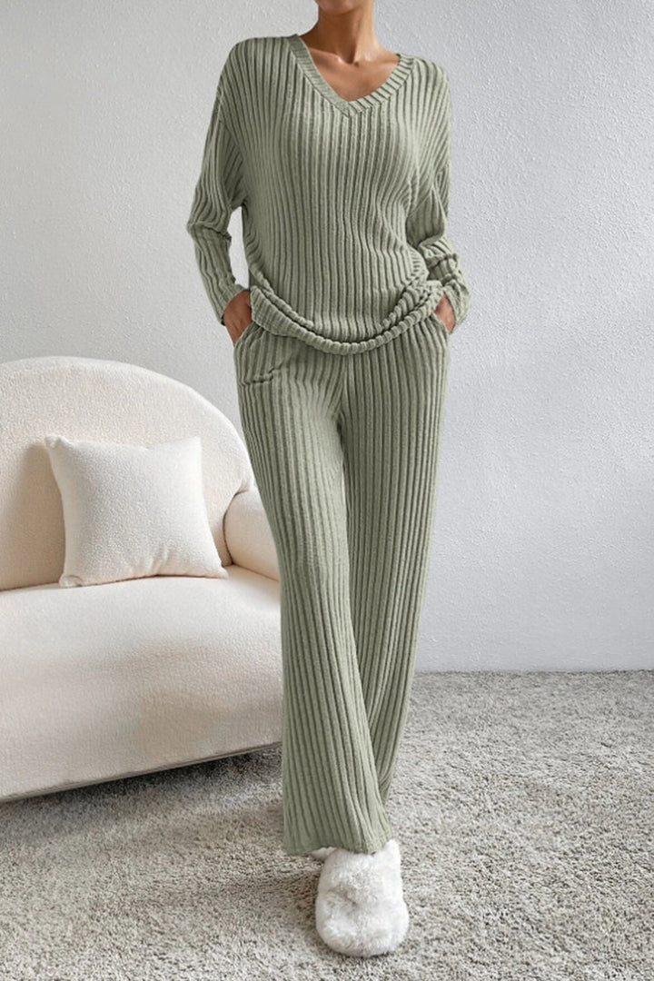 Sofia Ribbed V-Neck Top and Pants Set