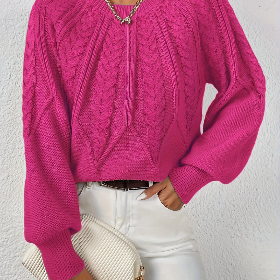 Women's Cable-Knit Sweater Round Neck Long Sleeve Ribbed Cuff Casual Pullover
