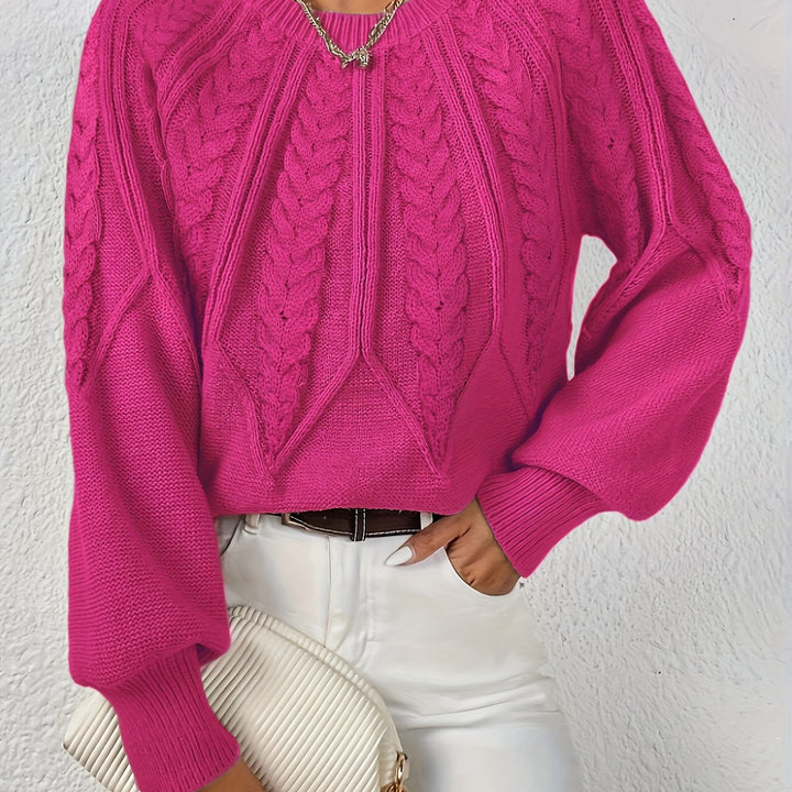 Women's Cable-Knit Sweater Round Neck Long Sleeve Ribbed Cuff Casual Pullover