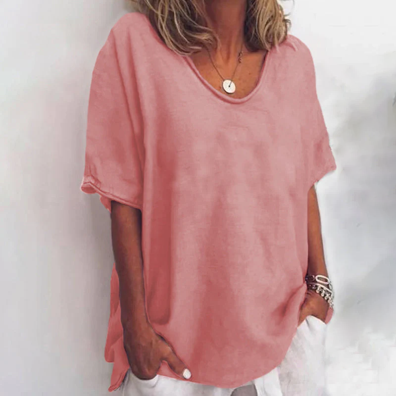 Loose Blouse with V-Neck and Short Sleeves for Women