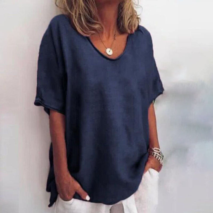 Loose Blouse with V-Neck and Short Sleeves for Women