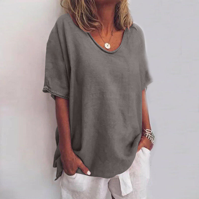 Loose Blouse with V-Neck and Short Sleeves for Women