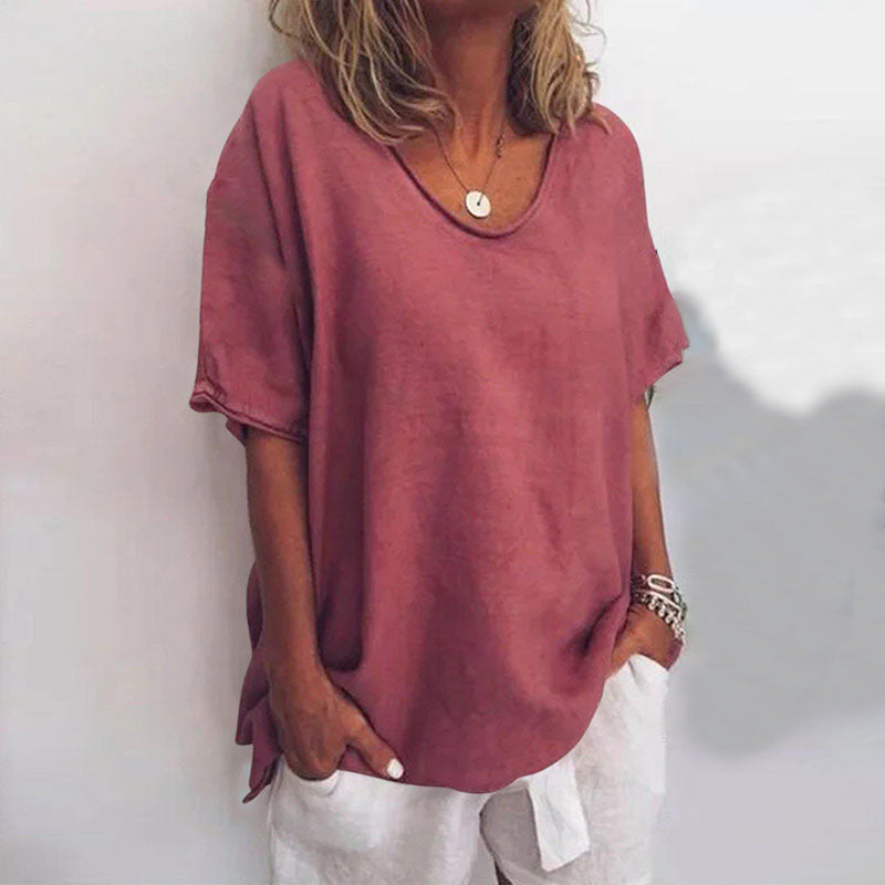 Loose Blouse with V-Neck and Short Sleeves for Women